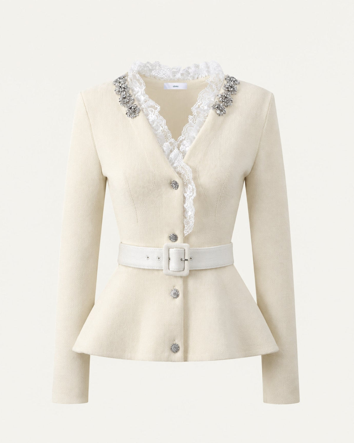 Rhinestone Embellished Lace Trim Wool Knit Cardigan – view 6
