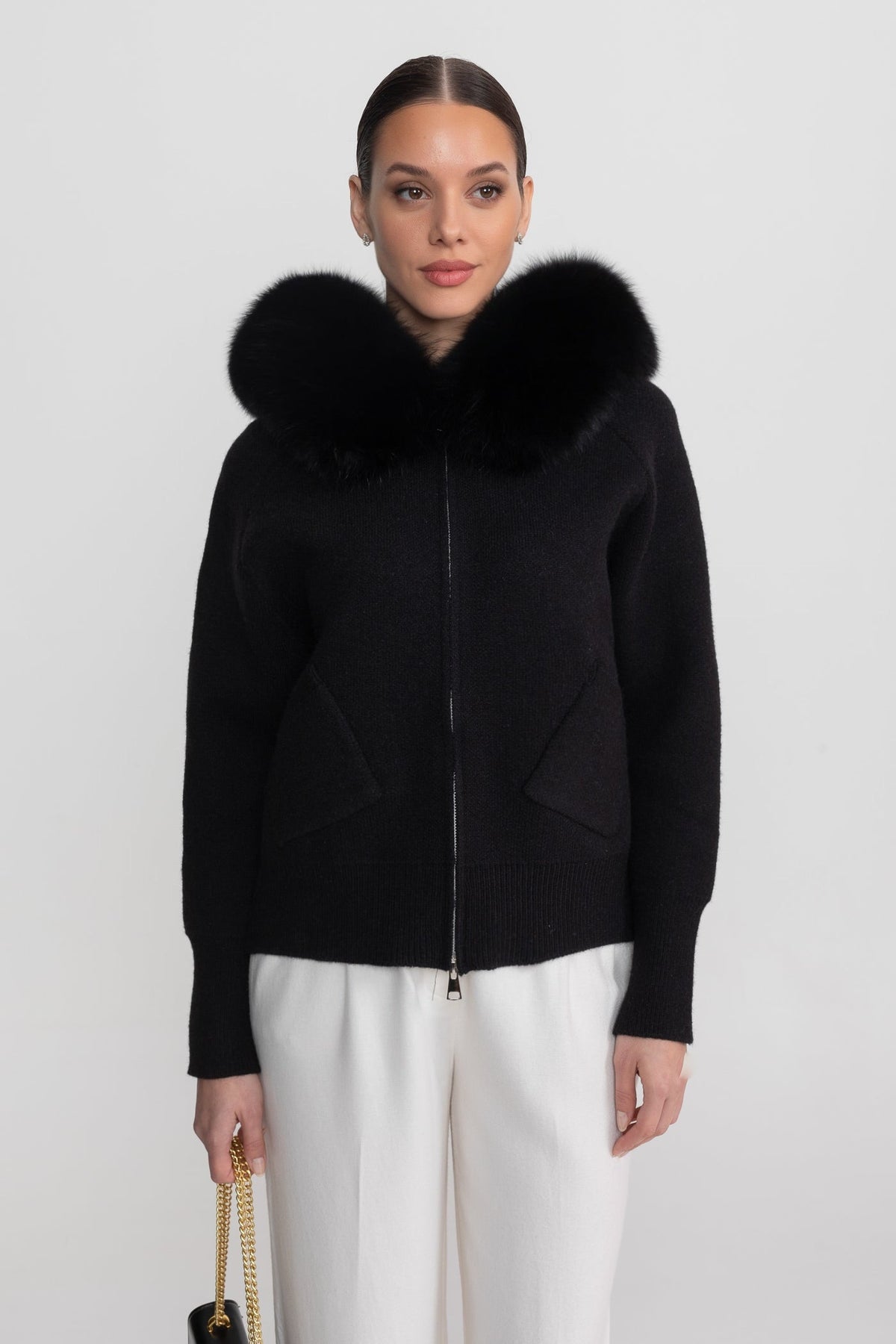 Zip-Up Wool Blend Knit Hoodie – Black
