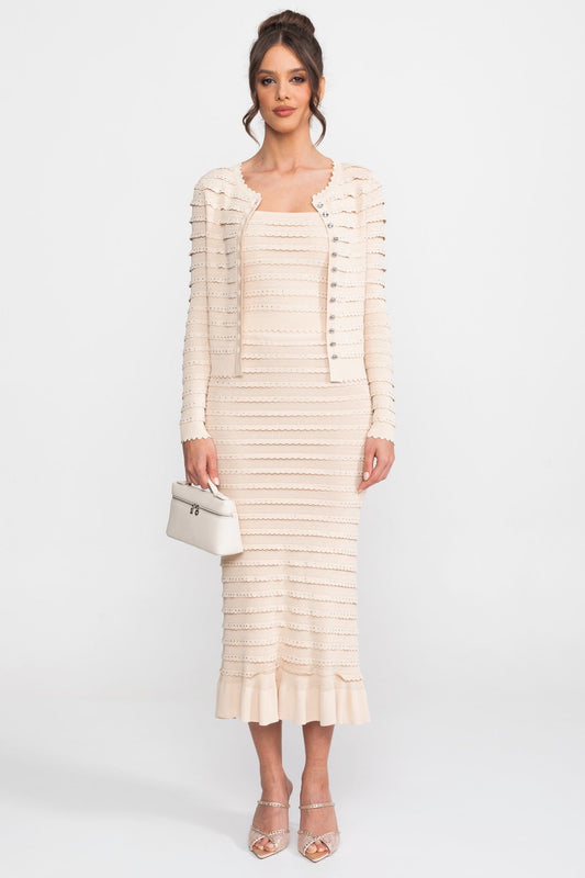 Bouclé Knit Puff Sleeve Blazer, Top and Midi Skirt Three-Piece Set – Beige