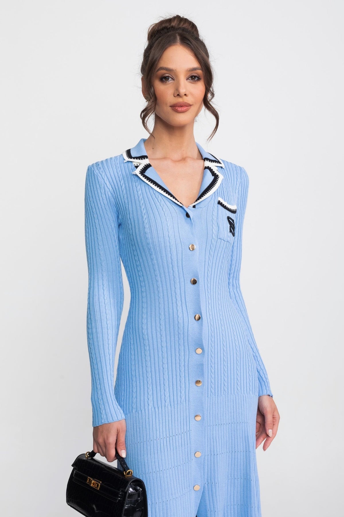 Ribbed Knit Polo Collar Long Sleeve Midi Dress with Monogram Pocket – Blue
