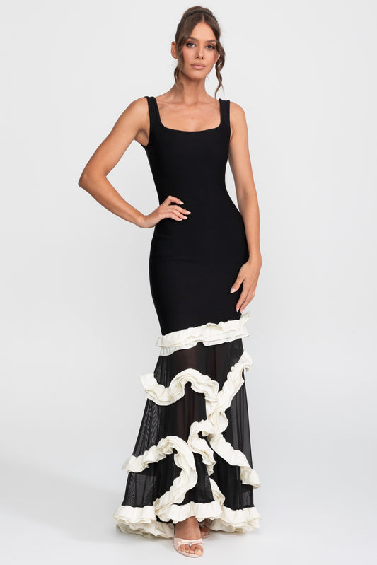 Square Neck Bodycon Dress with Contrast Tiered Ruffle Hem – Black