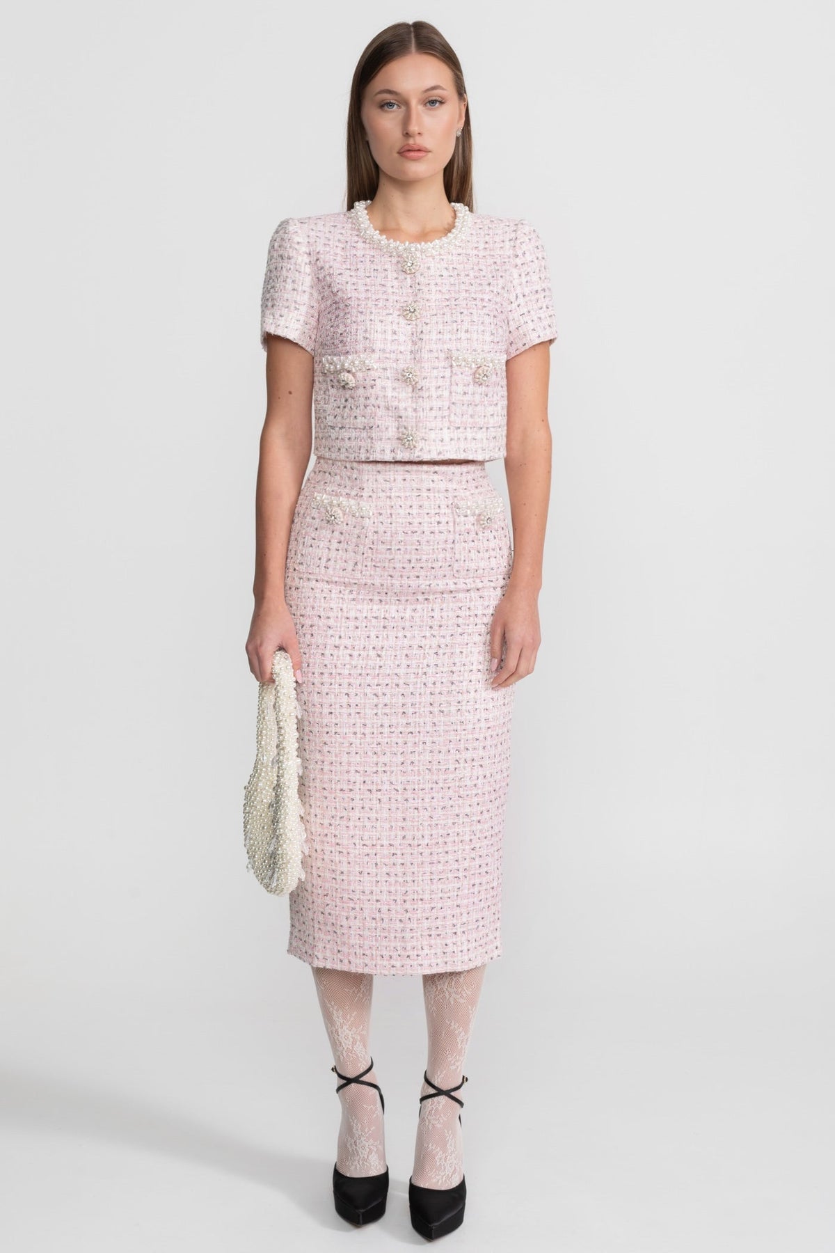 High Waisted Tweed Midi Skirt with Pearl Trim Buttons – Pink – view 1