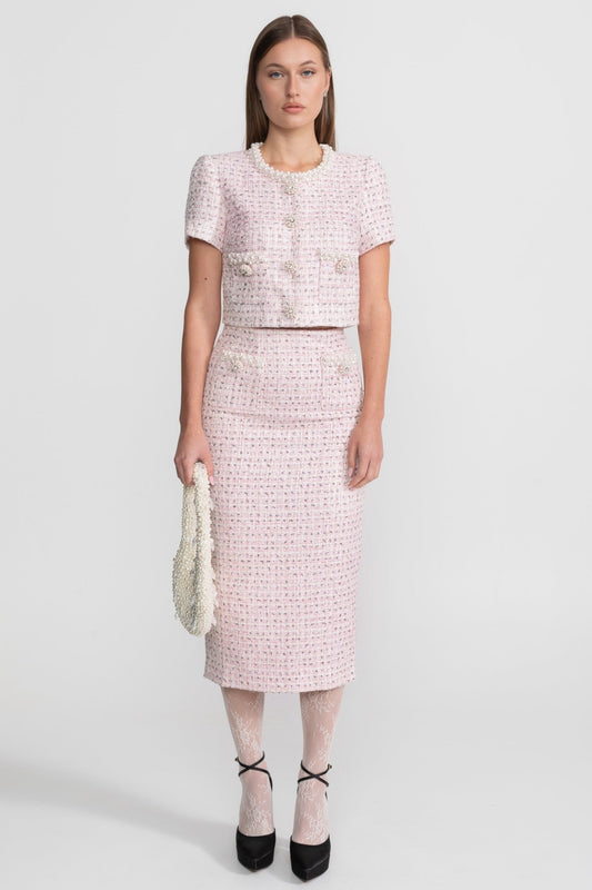 High Waisted Tweed Midi Skirt with Pearl Trim Buttons – Pink