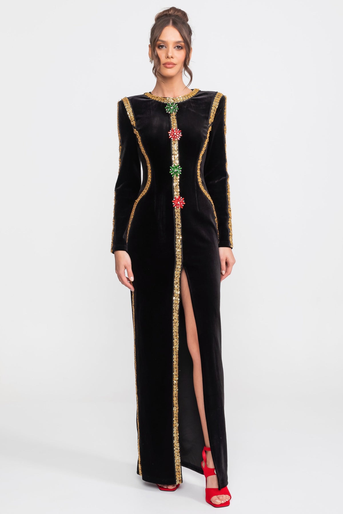 Velvet Column Maxi Dress with Gold Sequin Trim and Crystal Brooches – Black – view 3