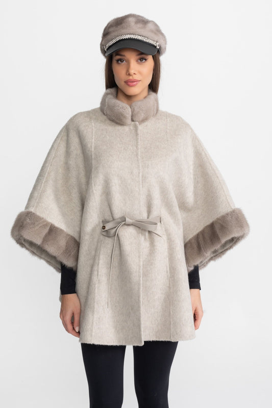 Wool Blend Cape Coat with Collar Trim and Tie Belt – Light Grey