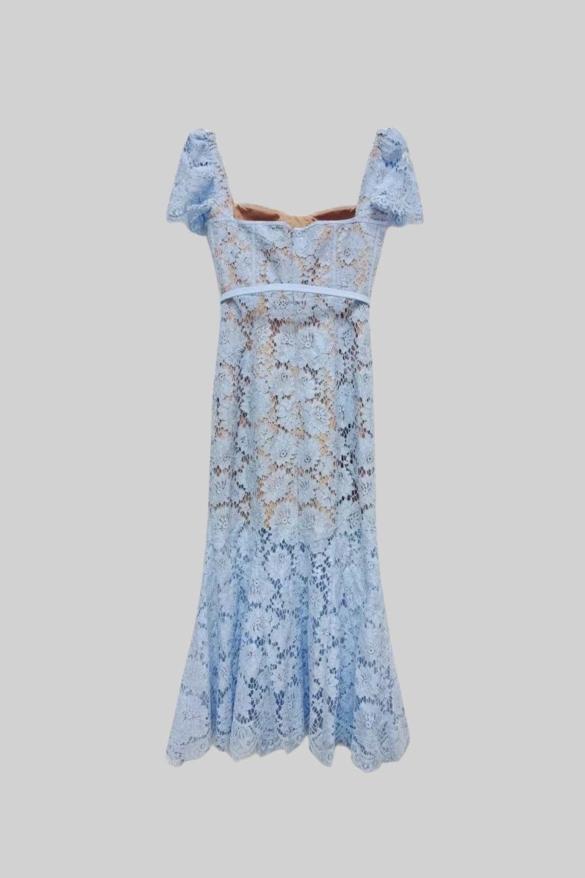Floral Lace Puff Sleeve Dress with Matching Waist Belt – Blue – view 4