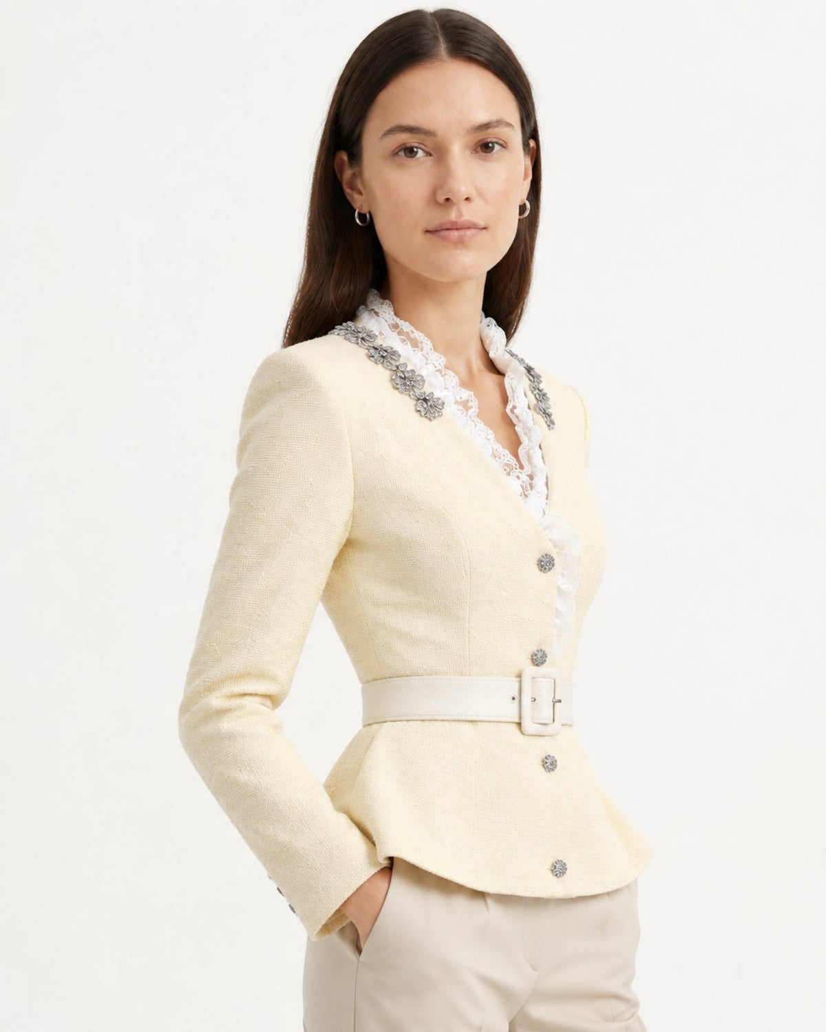 Rhinestone Embellished Lace Trim Wool Knit Cardigan – view 9