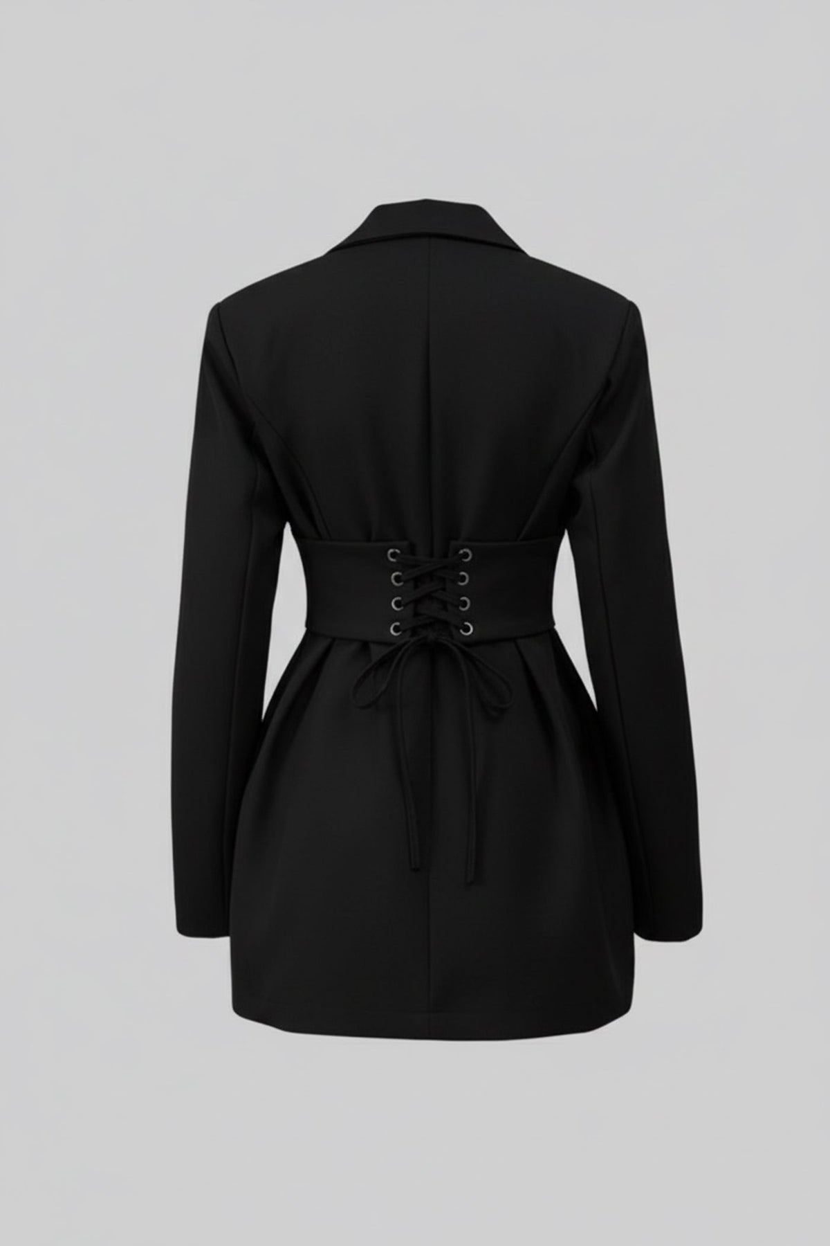 Wrap Front Mini Blazer Dress with Corset Waist and Lace-Up Back – Black – view 3