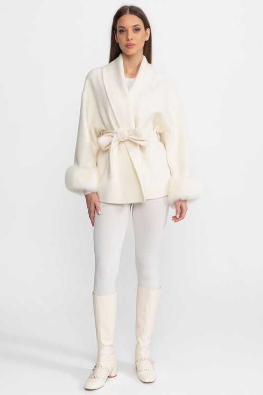Wool Blend Wrap Jacket with Detachable Cuffs – Ivoire – view 2