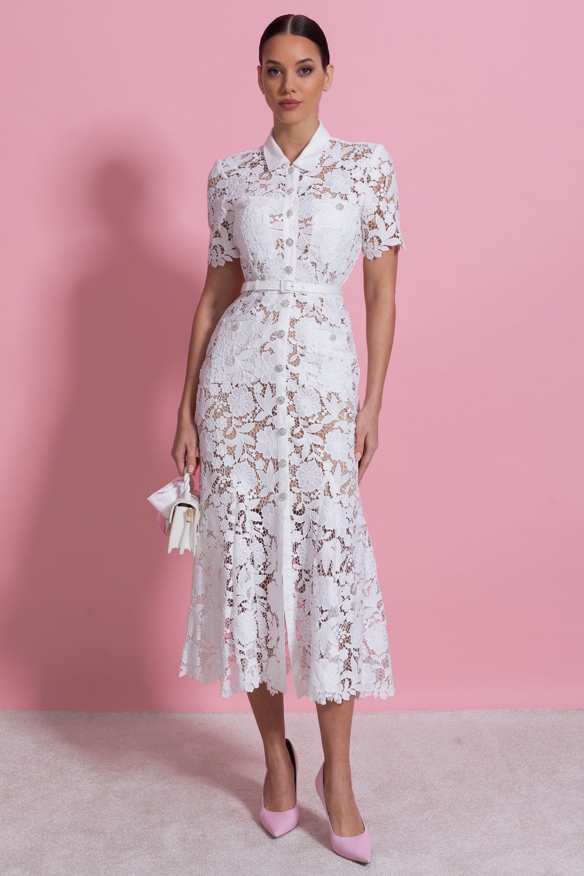 Lace Short Sleeve Collared Midi Dress with Belted Waist – White