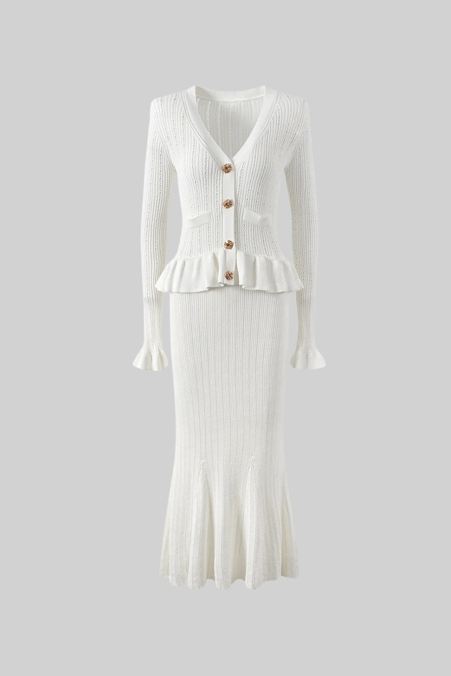 Ruffled V-Neck Knit Cardigan and Flared Knee-Length Skirt Set – White – view 2