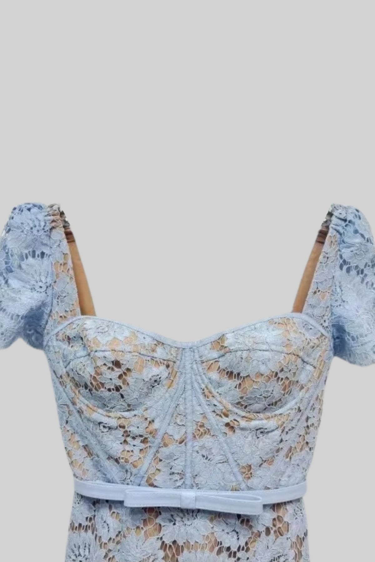 Floral Lace Puff Sleeve Dress with Matching Waist Belt – Blue – view 5