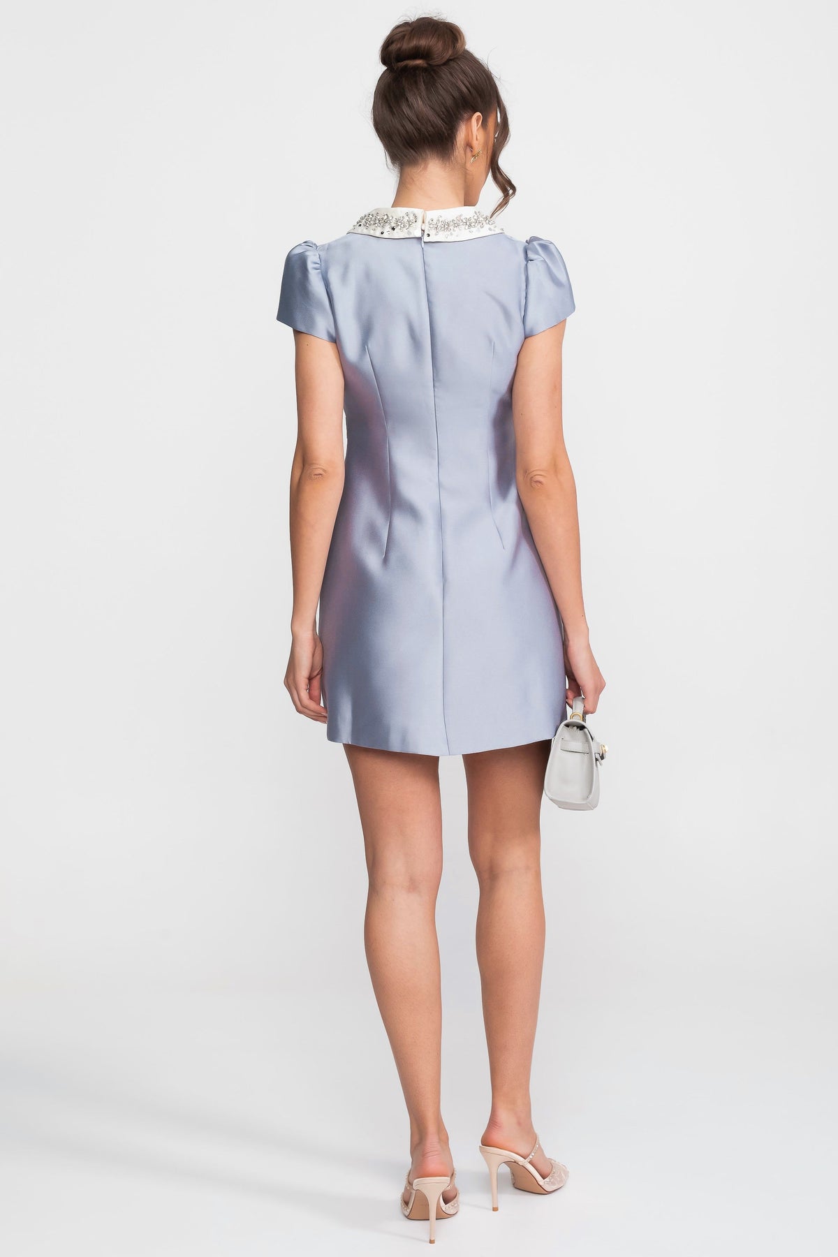 Satin Puff Sleeve Mini Dress with Crystal Peter Pan Collar – Light Blue – view 5