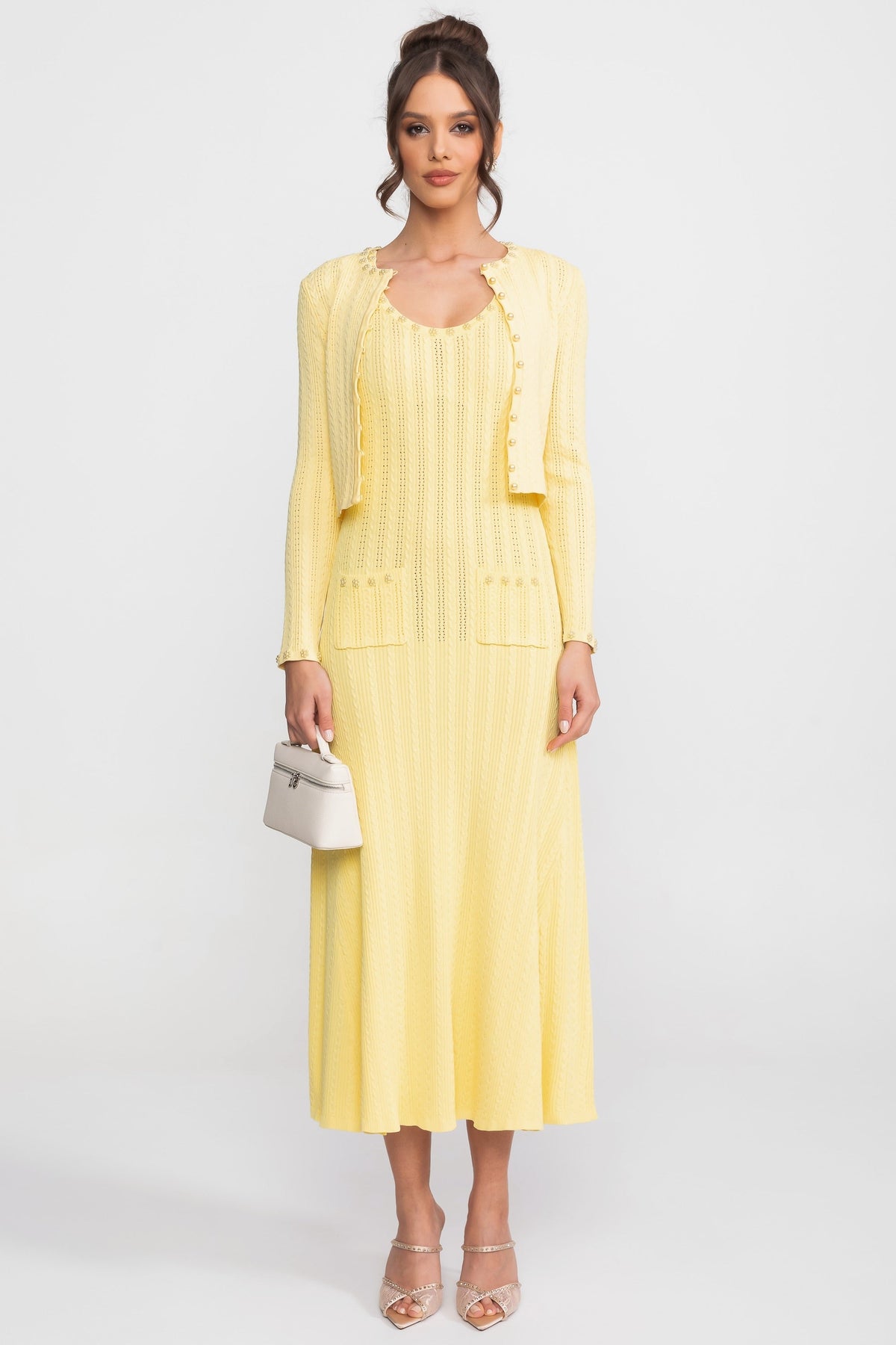 Ribbed Knit Midi Dress and Cropped Cardigan Set with Pearl Buttons – Yellow – view 1