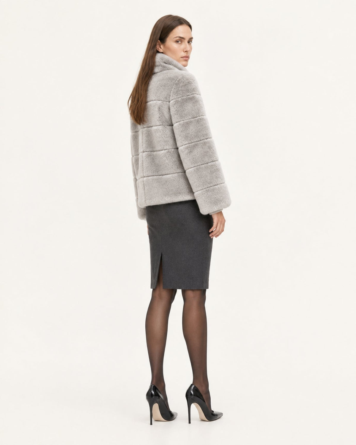 Stand Collar Short Plush Jacket with 3D Pattern – view 3