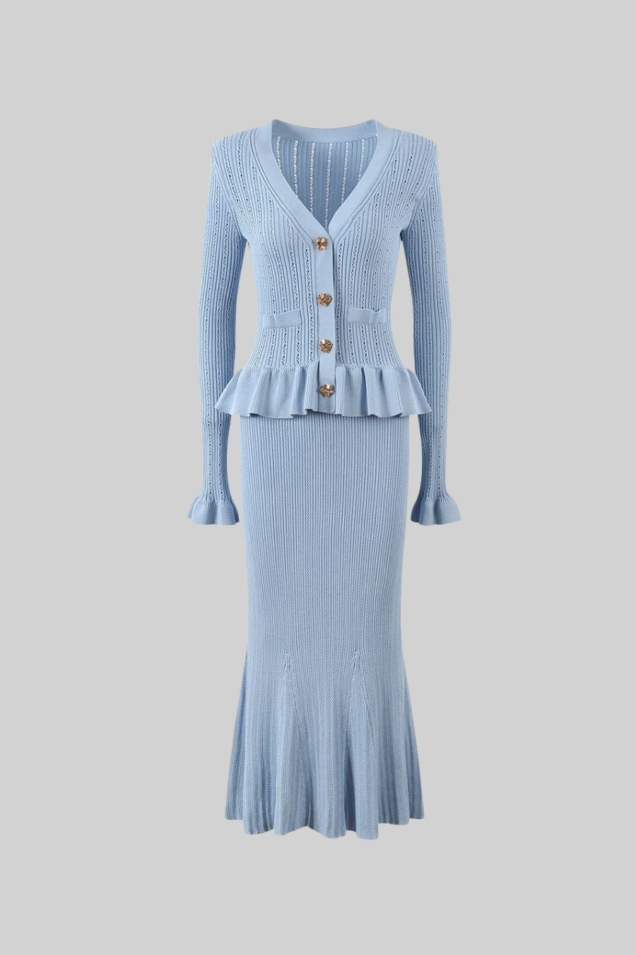Ruffled V-Neck Knit Cardigan and Flared Knee-Length Skirt Set – Baby Blue – view 2