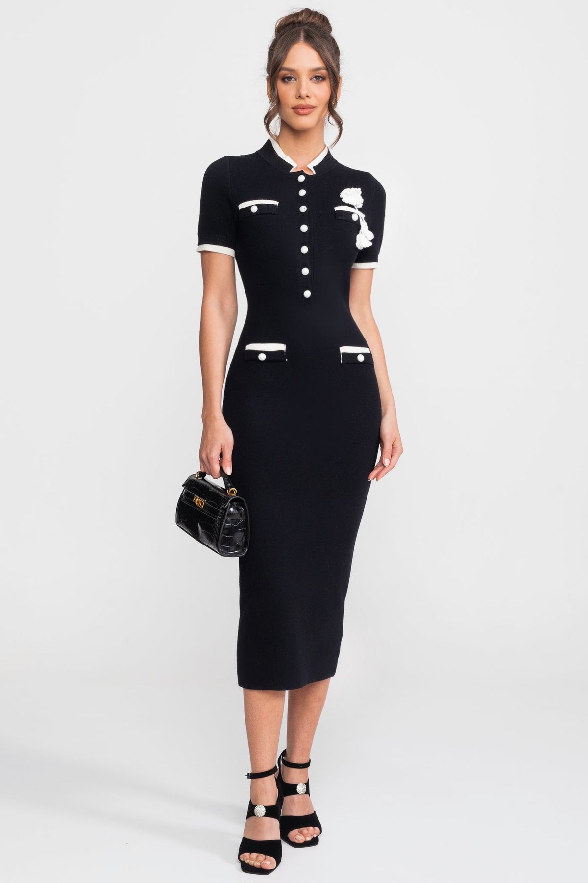Fine Rib Knit Button-Through Midi Dress with Contrast Trim and Pockets – Black