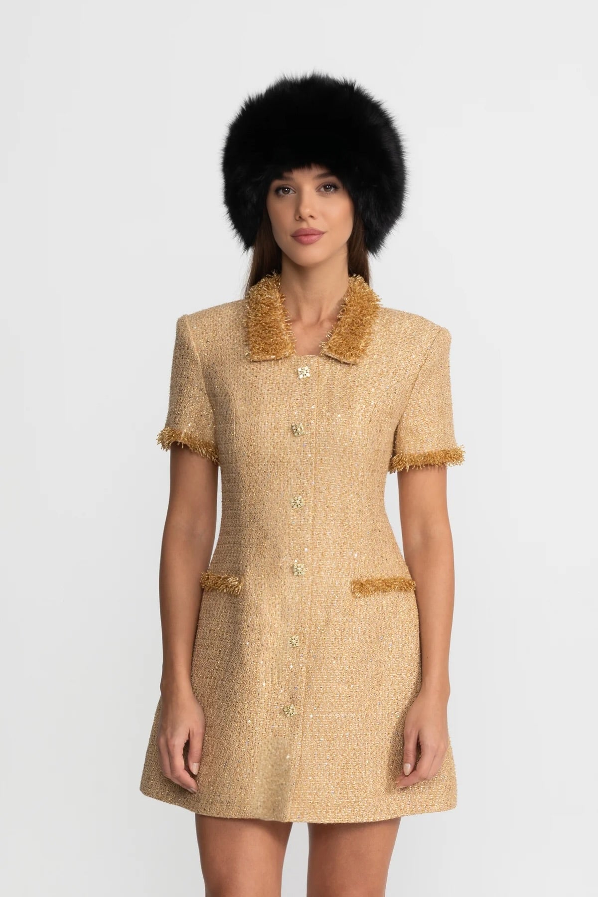 Metallic Tweed A-Line Mini Dress with Fringe Trim – Gold – view 1
