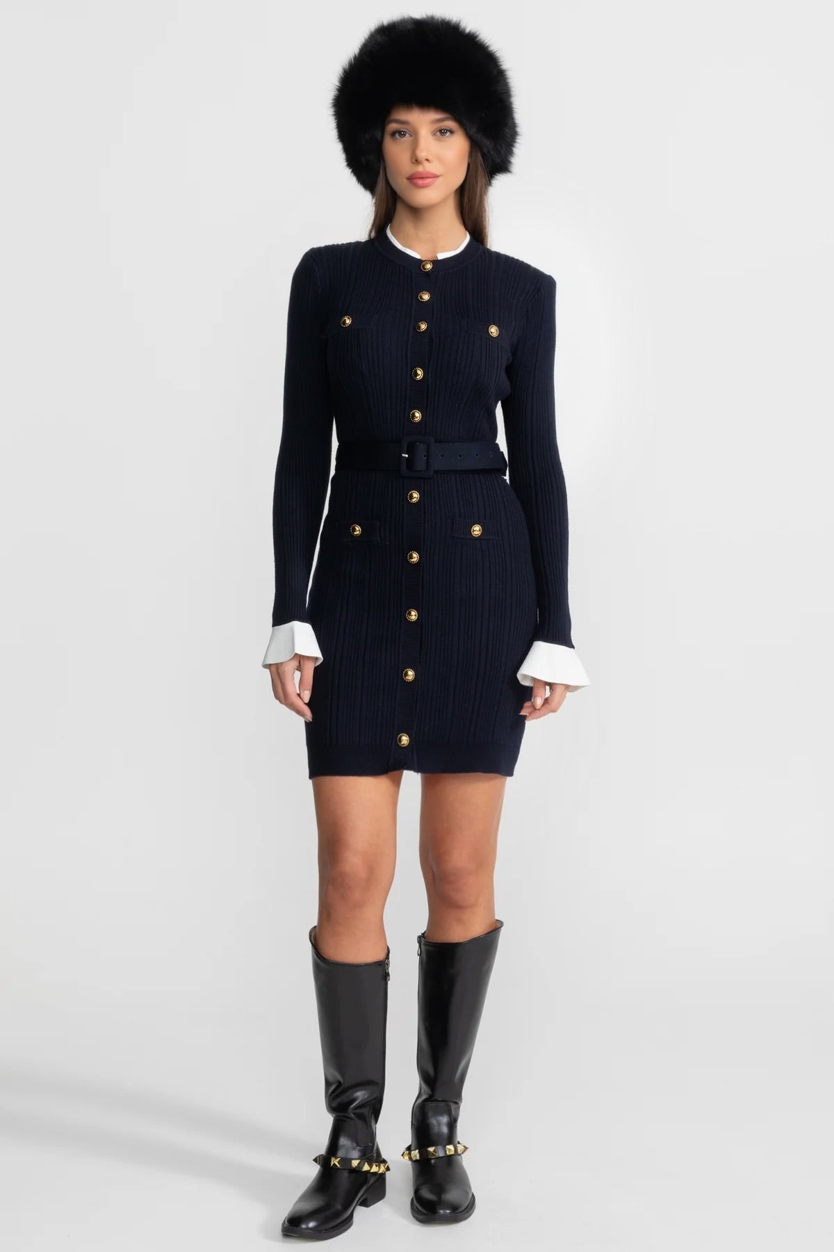 Ribbed Knit Long Sleeve Belted Mini Dress with Gold Buttons – Dark Blue – view 2