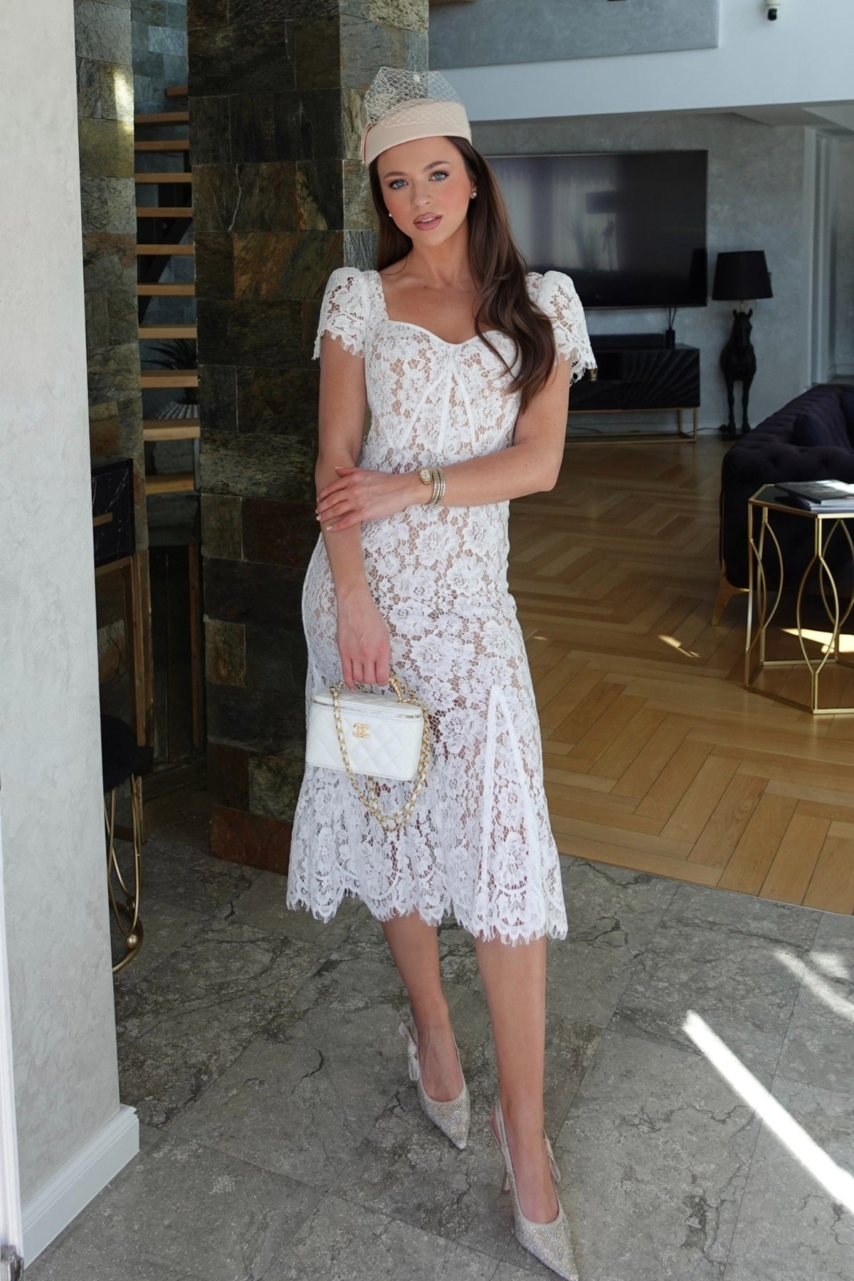 Floral Lace Puff Sleeve Dress with Matching Waist Belt – White – view 2