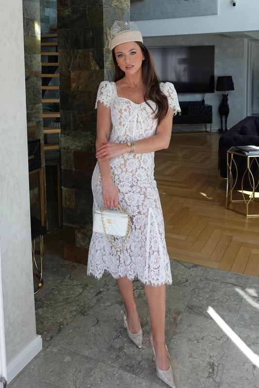 Floral Lace Puff Sleeve Dress with Matching Waist Belt – White – view 2