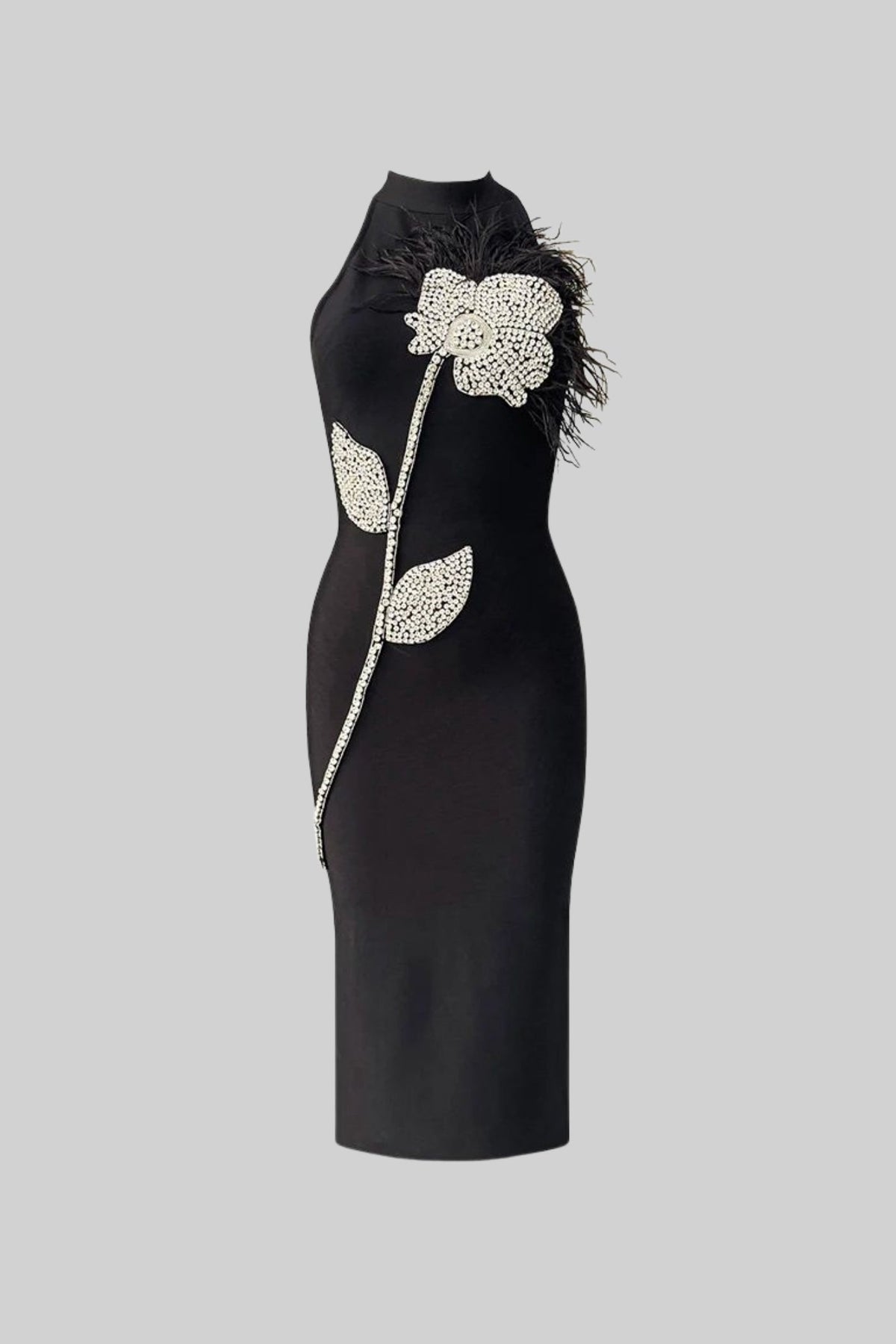 Crystal Floral High Neck Stretch Crepe Midi Dress with Feathers – Black – view 2