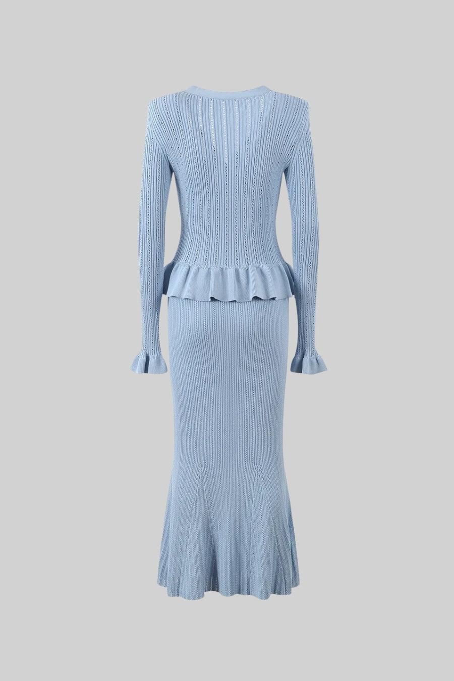 Ruffled V-Neck Knit Cardigan and Flared Knee-Length Skirt Set – Baby Blue – view 11