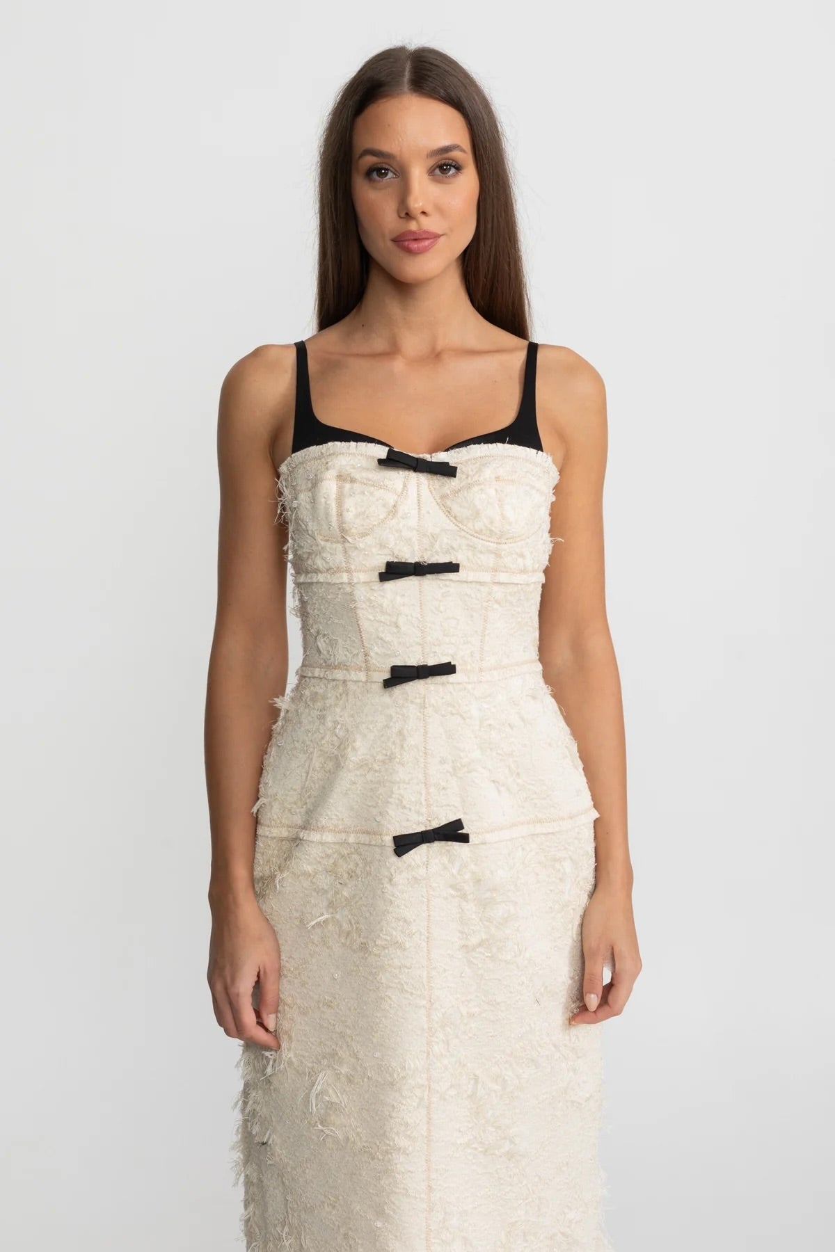 Tweed Bustier Midi Dress with Contrast Straps and Velvet Bows – Ivoire – view 3