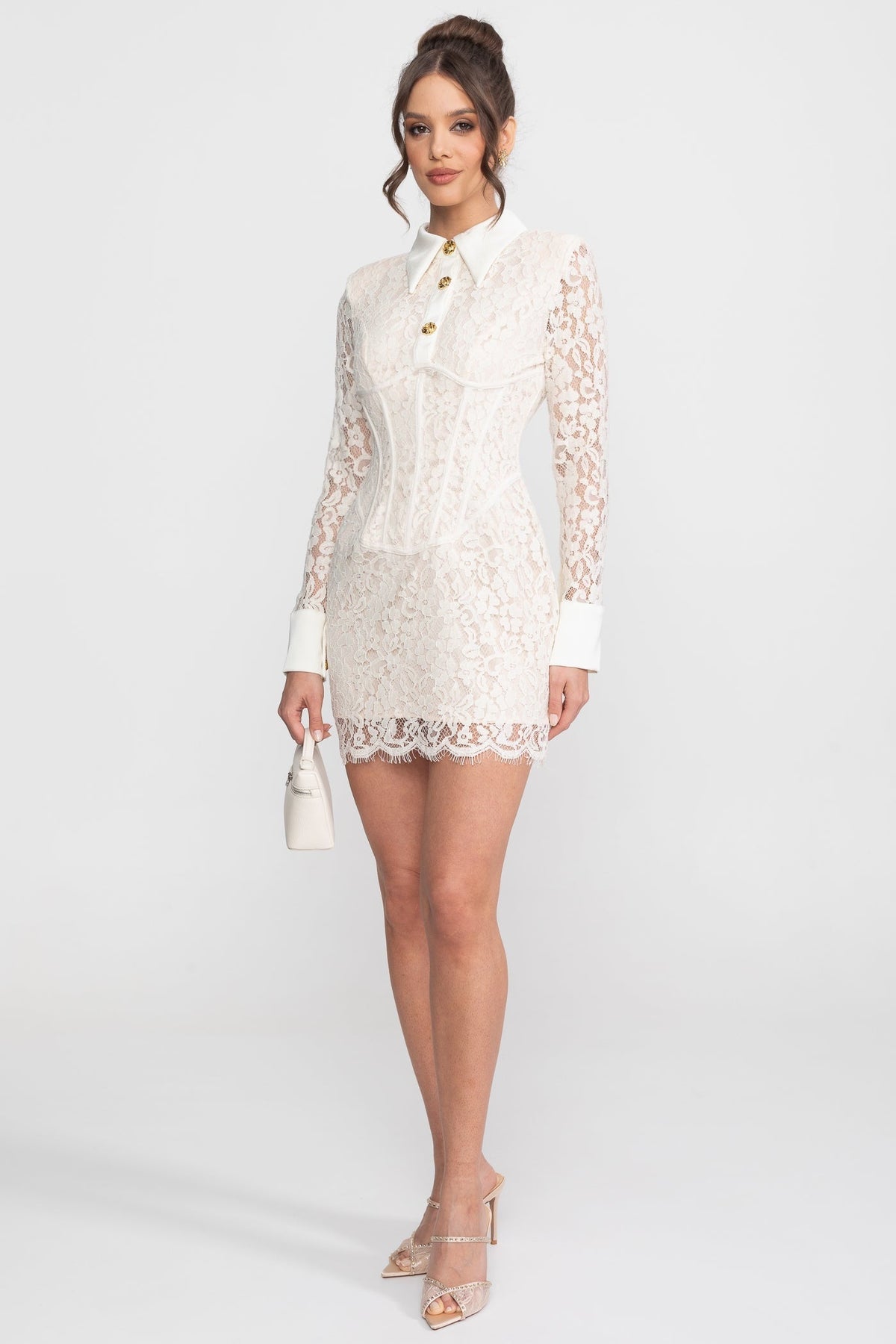Long Sleeve Stretch Lace Mini Dress with Gold Buttons and Scallop Hem – Ivory