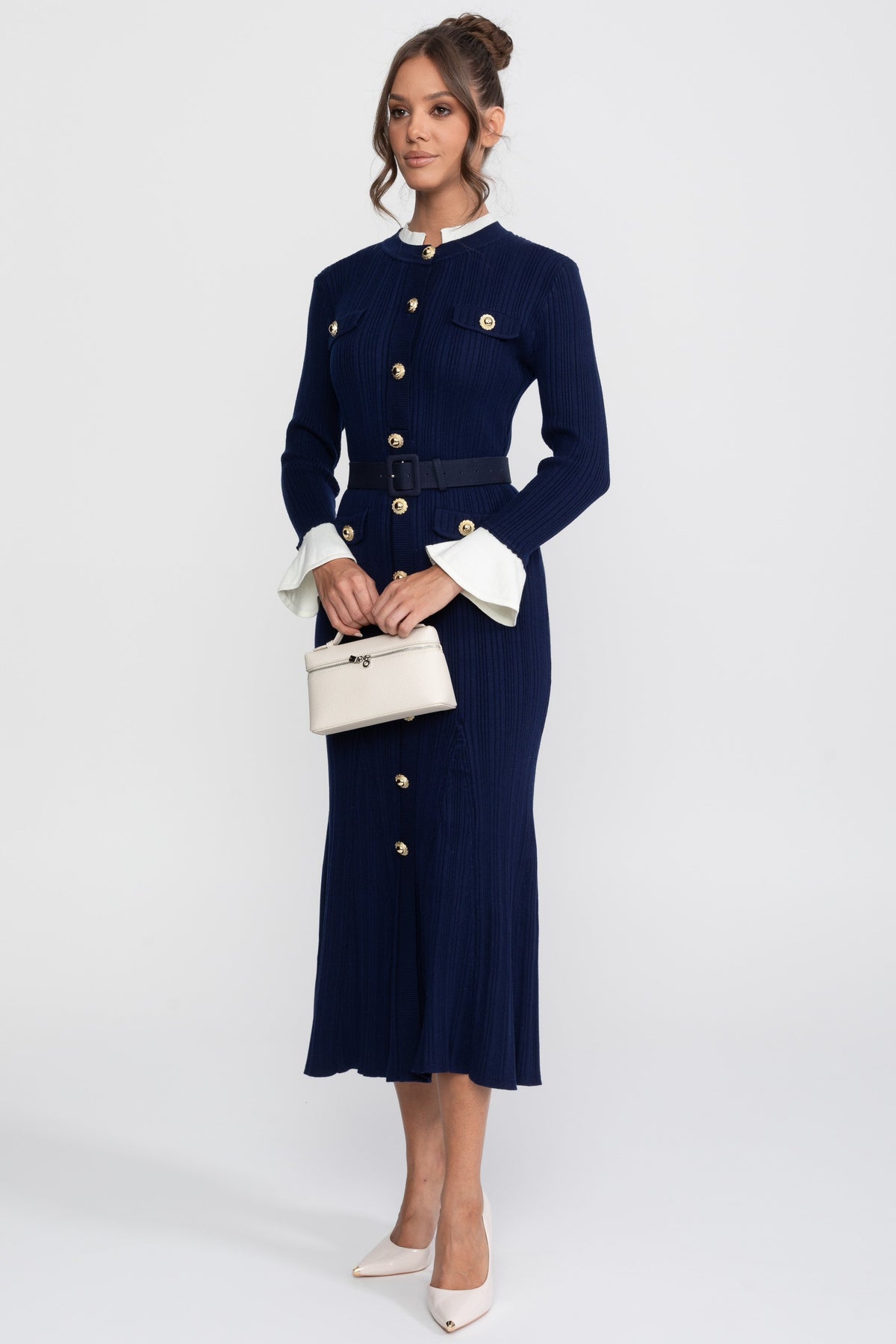 Fine Rib Knit Belted Midi Dress with Ivory Collar and Flared Cuffs – Navy – view 2
