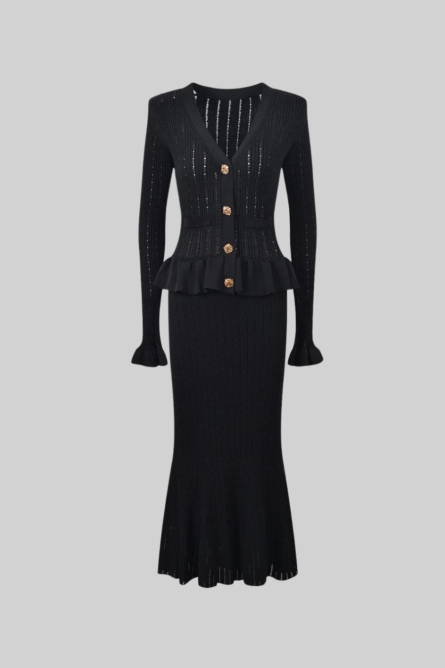 Ruffled V-Neck Knit Cardigan and Flared Knee-Length Skirt Set – Black – view 2