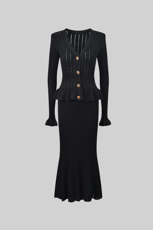 Ruffled V-Neck Knit Cardigan and Flared Knee-Length Skirt Set – Black – view 2