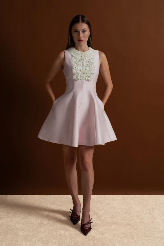 Peter Pan Collar A-Line Mini Dress with Lace Bib – Blush Pink