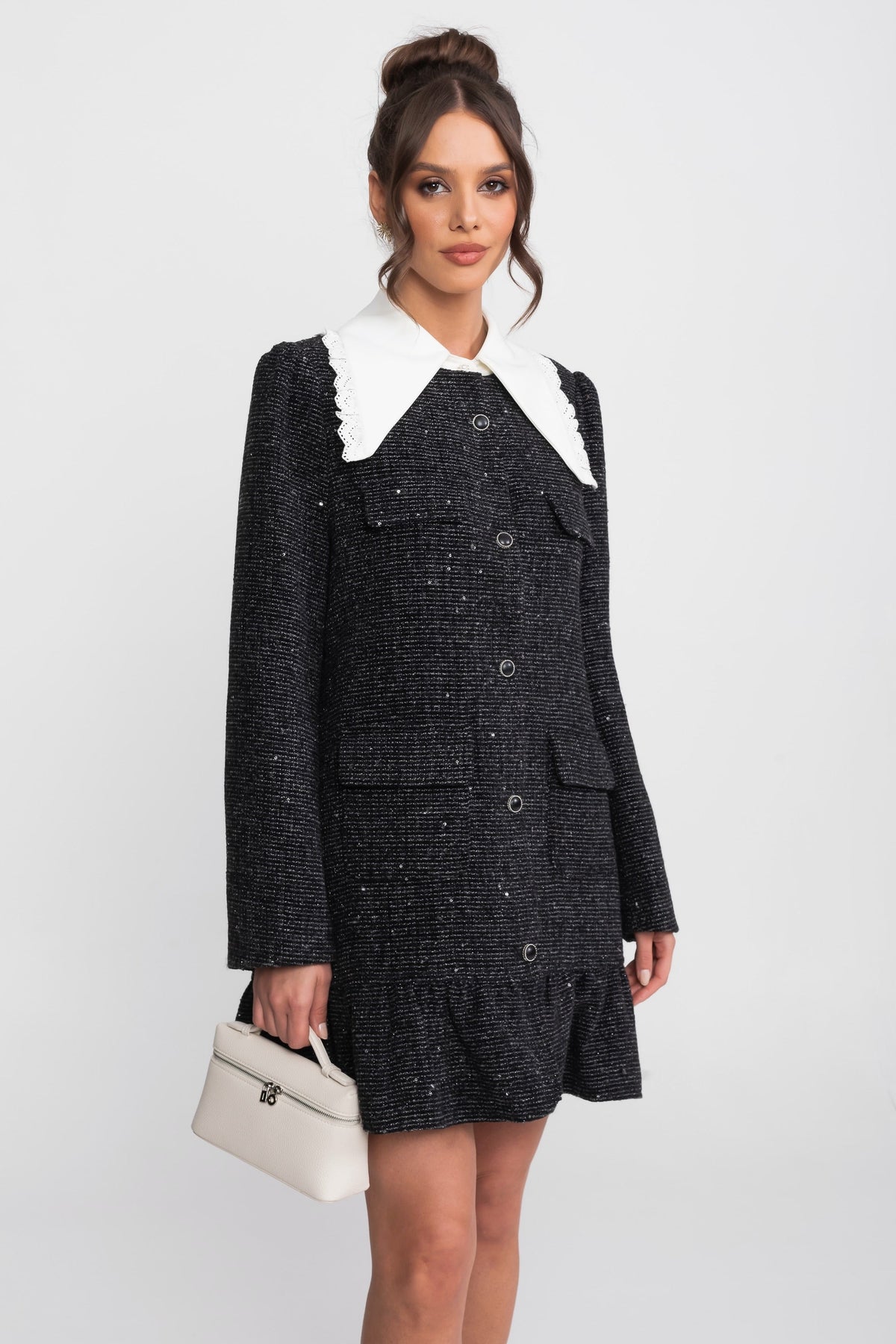 Bouclé Tweed Mini Dress with Scallop Trim Collar and Ruffle Hem – Charcoal