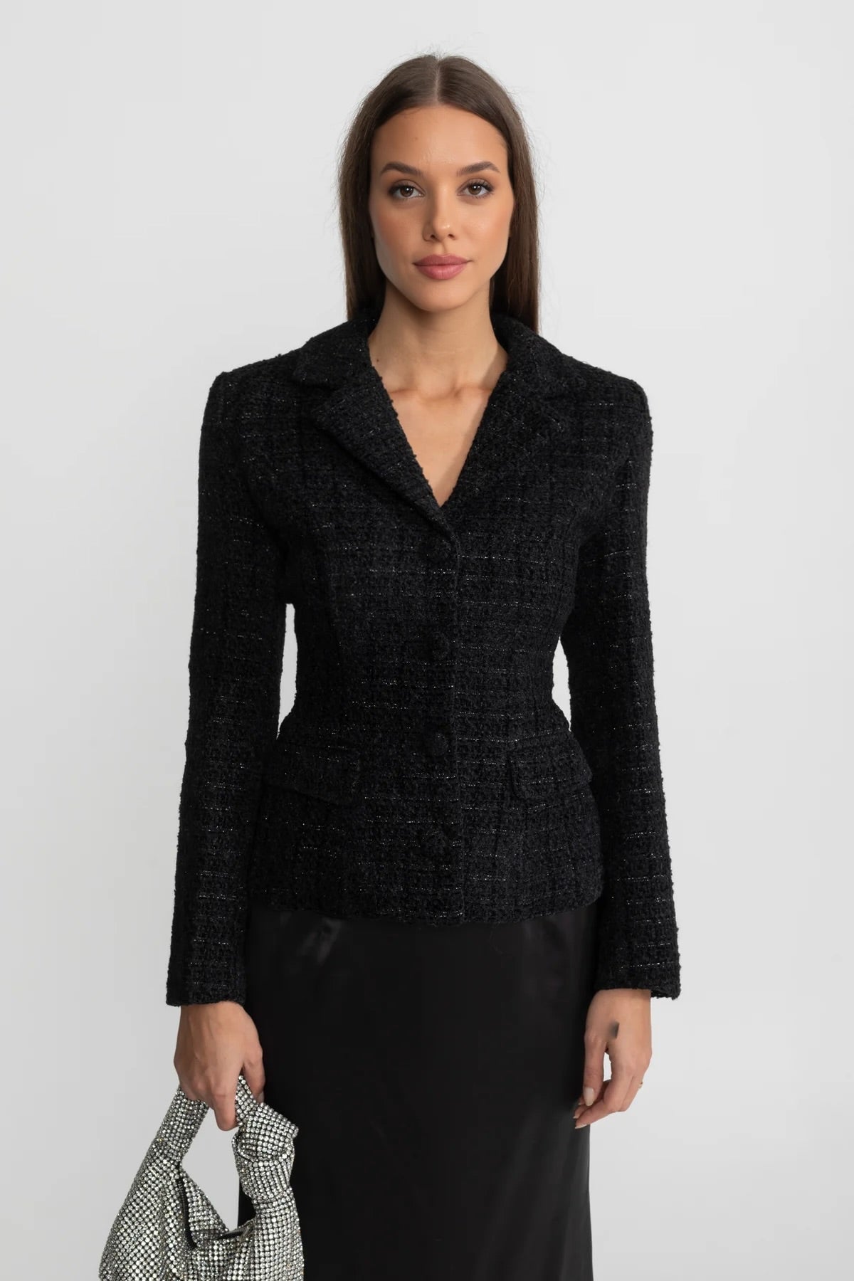 Tweed Blazer and Satin Maxi Skirt Co-ord Set – Black – view 3
