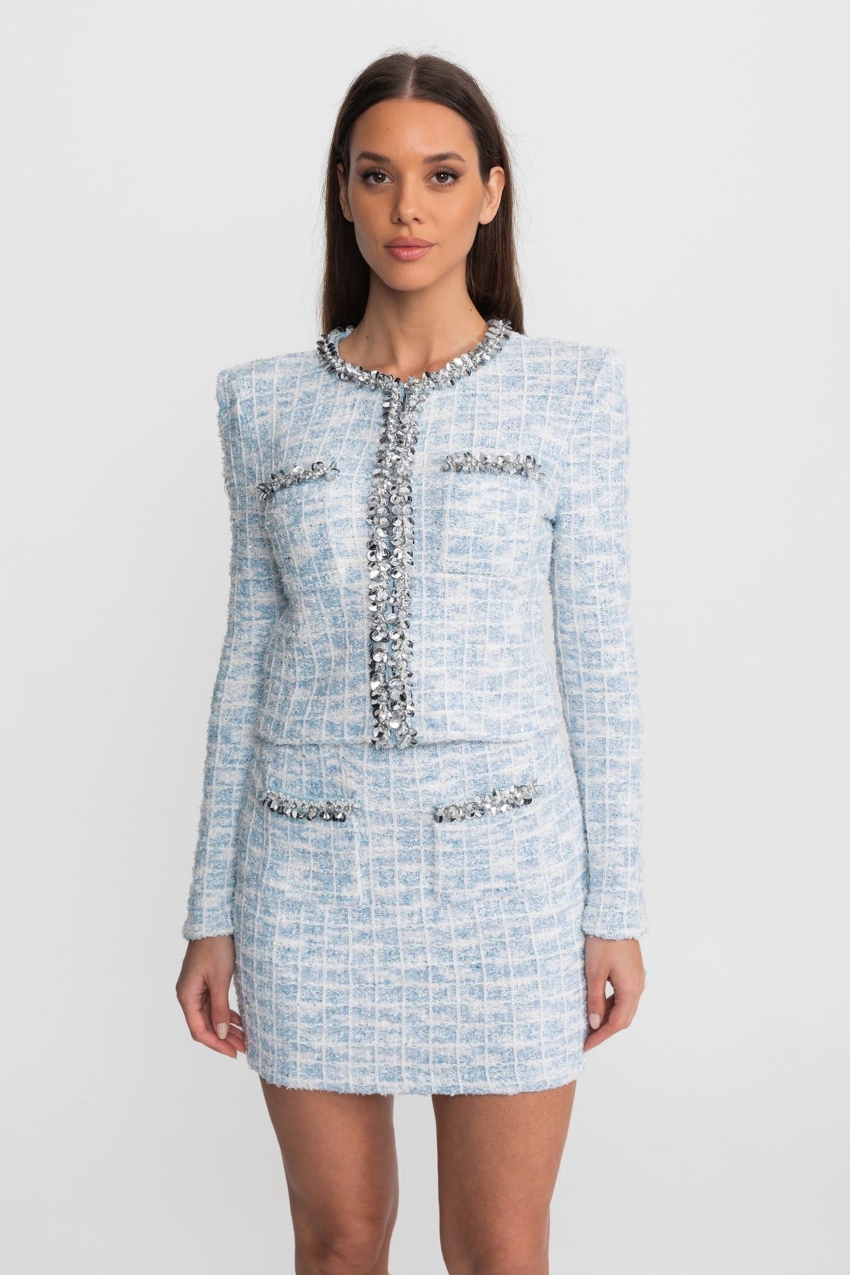 Crystal Trim Tweed Jacket and Mini Skirt Co-ord Set – Light Blue