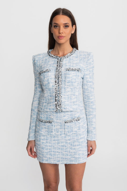Crystal Trim Tweed Jacket and Mini Skirt Co-ord Set – Light Blue