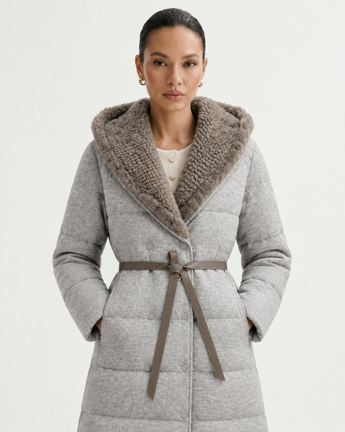 Mid-Length Striped Goose Down Jacket with Hood – view 7