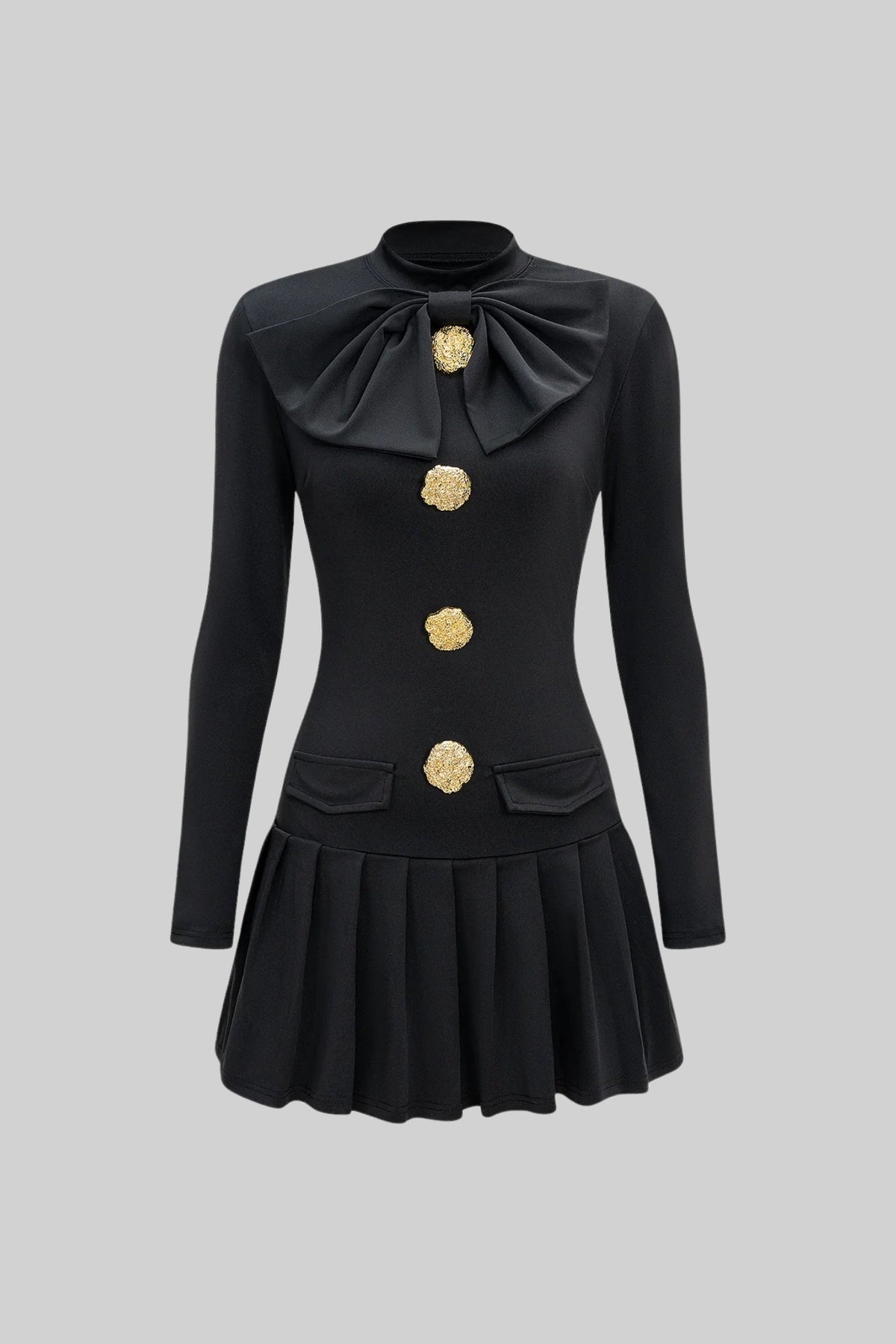 Bow Neck Pleated Crepe Mini Dress with Gold Buttons – Black – view 2