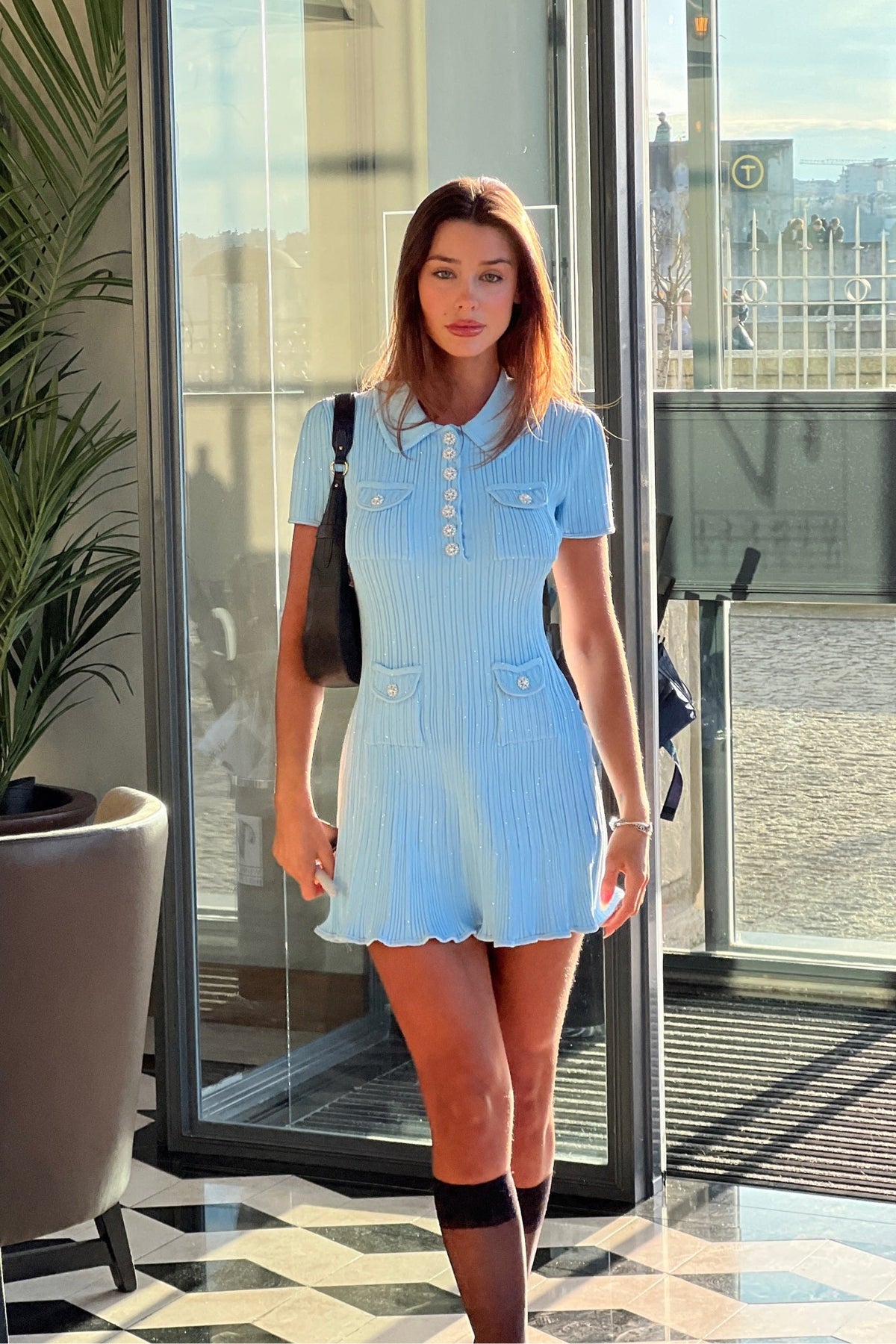 Short Sleeve Hourglass Mini Dress with Diamond-Style Buttons – Baby Blue – view 12