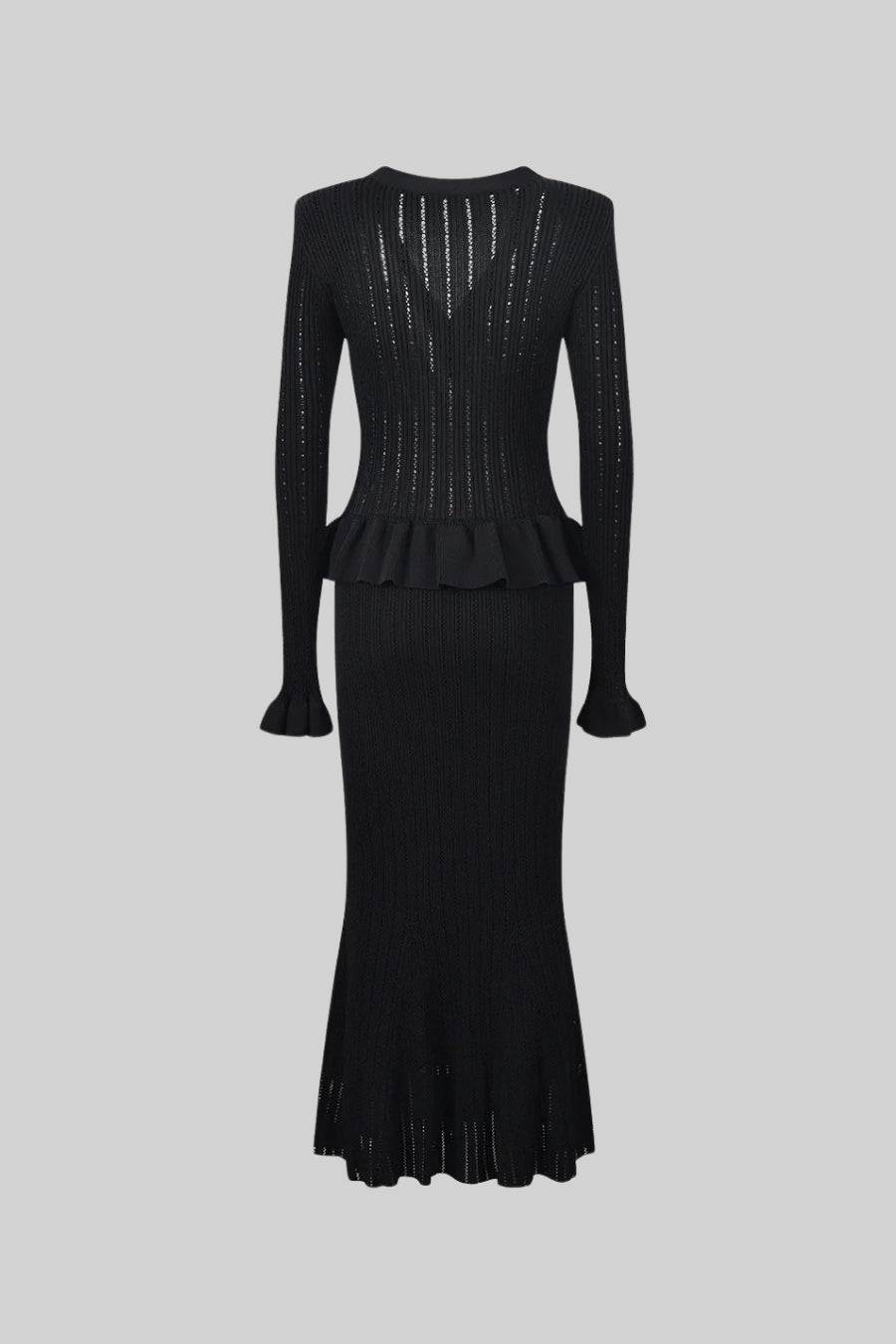 Ruffled V-Neck Knit Cardigan and Flared Knee-Length Skirt Set – Black – view 8