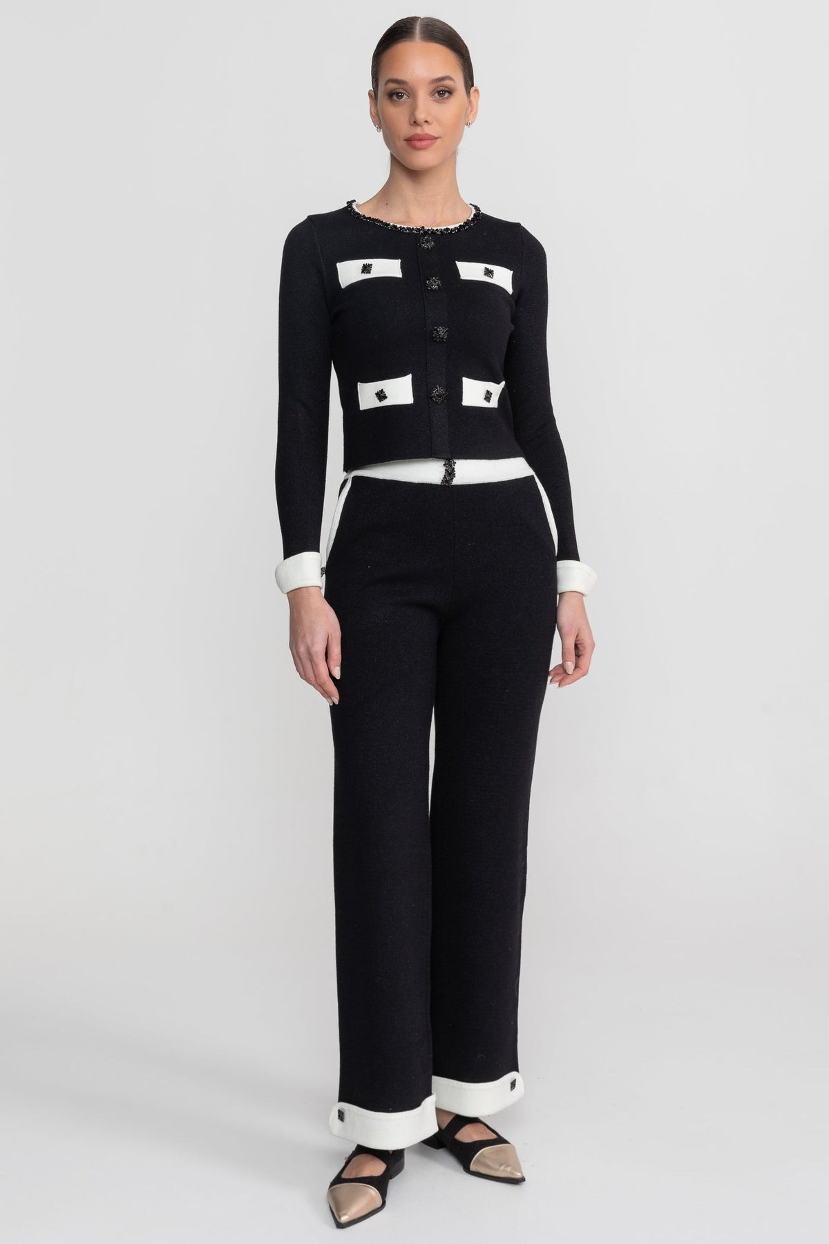 Cropped Knit Cardigan and Wide Leg Trousers Set with Contrast Trim – Black