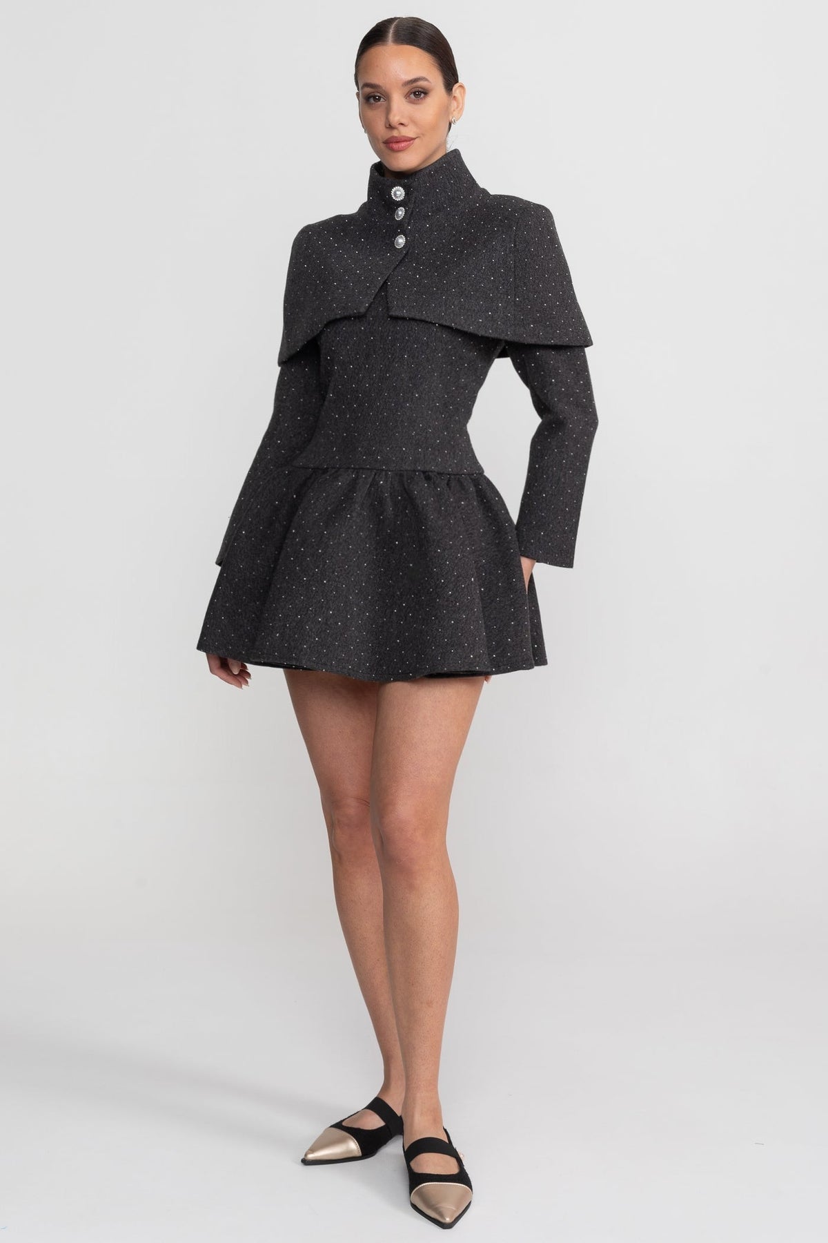 Long Sleeve Mini Dress with Stand Collar and Detachable Cape – Charcoal – view 5