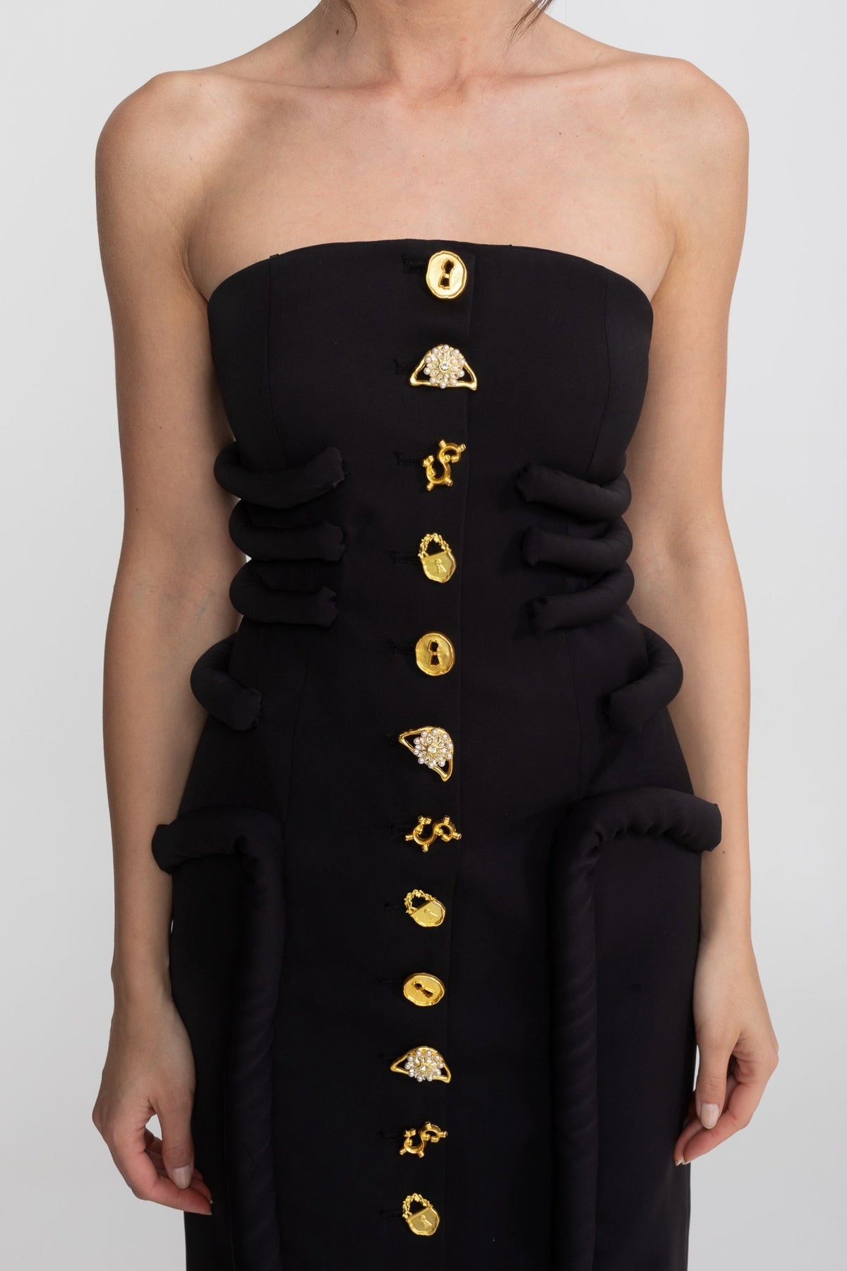 Strapless Midi Dress with Sculptural Knotted Bodice and Jewel Buttons – Black – view 3