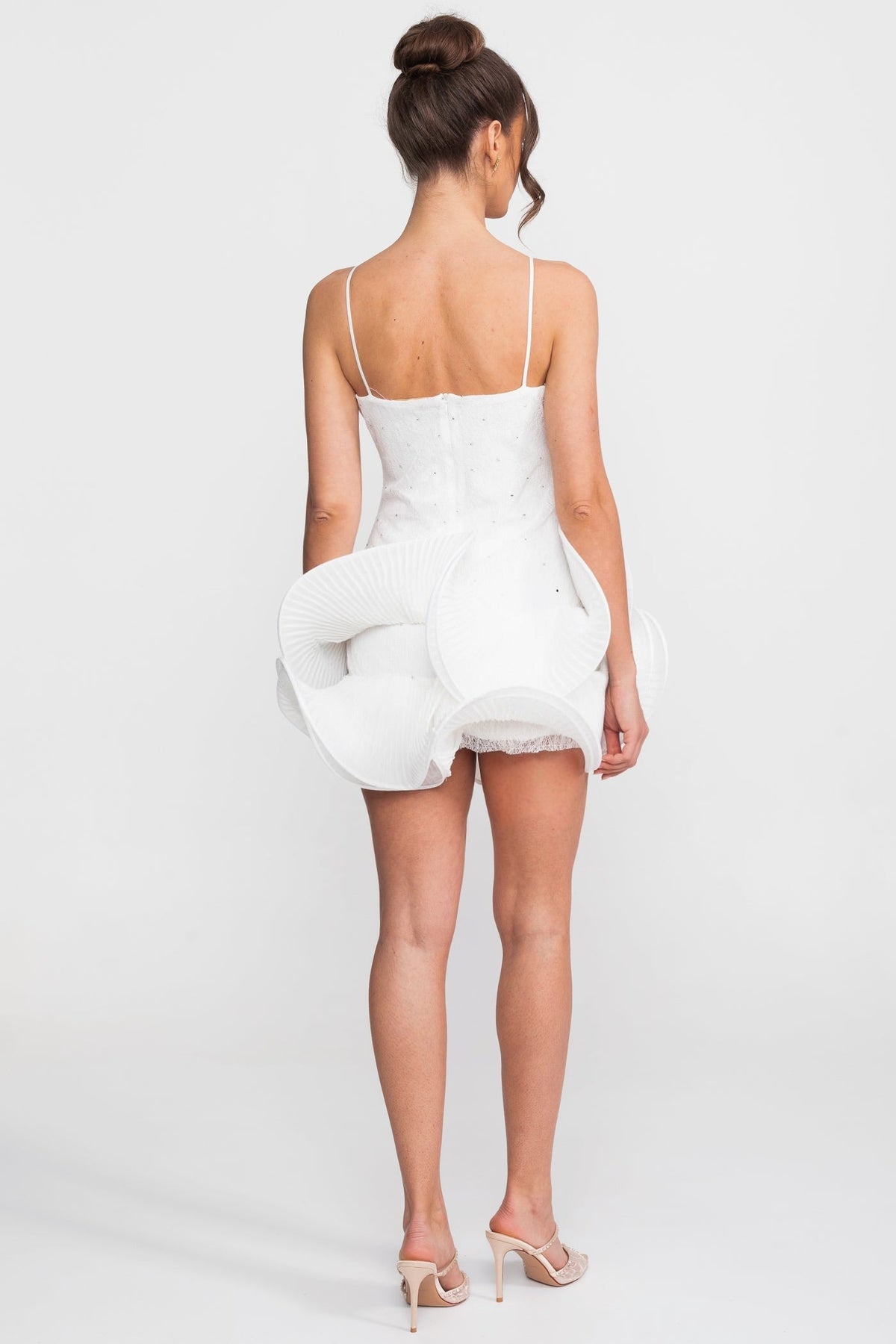 Square Neck Babydoll Mini Dress with Sparkling Embellishments – White – view 4