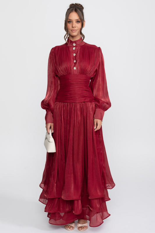 Balloon Sleeve Tiered Maxi Dress with Jewelled Rose Buttons – Red