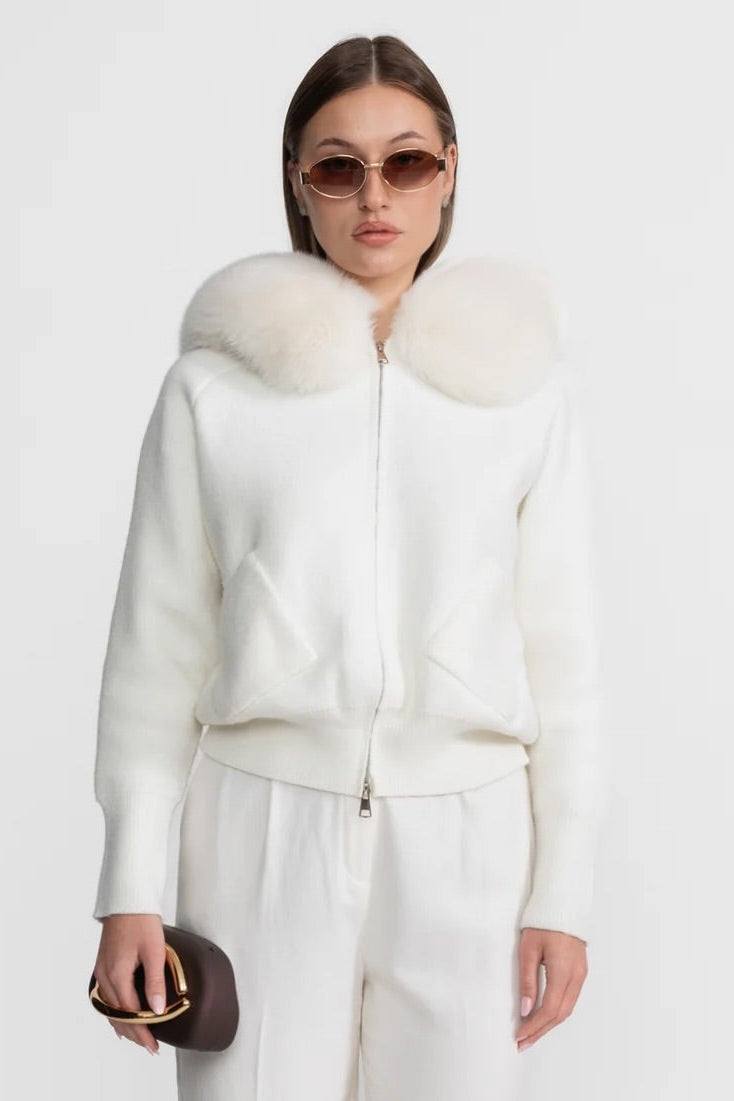 Zip-Up Wool Blend Knit Hoodie – Ivory – view 5