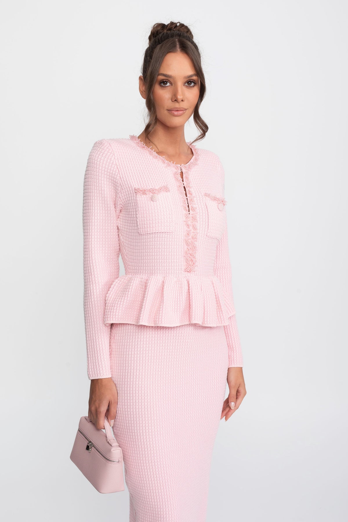 Fringe Trim Long Sleeve Knit Peplum Pencil Dress with Pockets – Pink – view 4