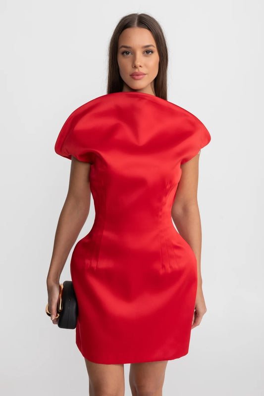 Structured Satin Mini Dress with Sculptural Shoulders – Red
