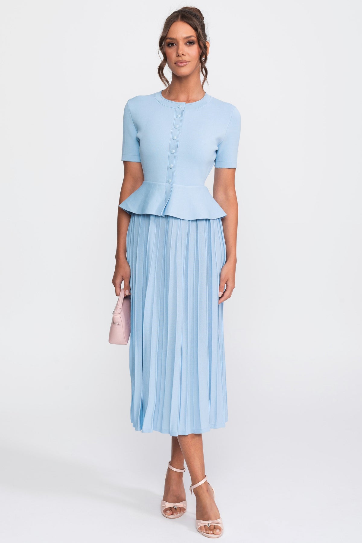 Short Sleeve Ribbed Knit Peplum Midi Dress with Button Front – Light Blue – view 2